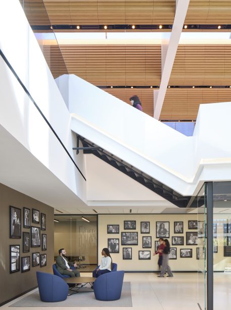 Stairway in Disney’s New York Headquarters with a collaborative space beneath it by Dave Burk – SOM © 2024 Disney