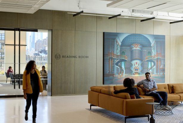 Employees outside the Reading Room in 7 Hudson Square by Dave Burk – SOM © 2024 Disney